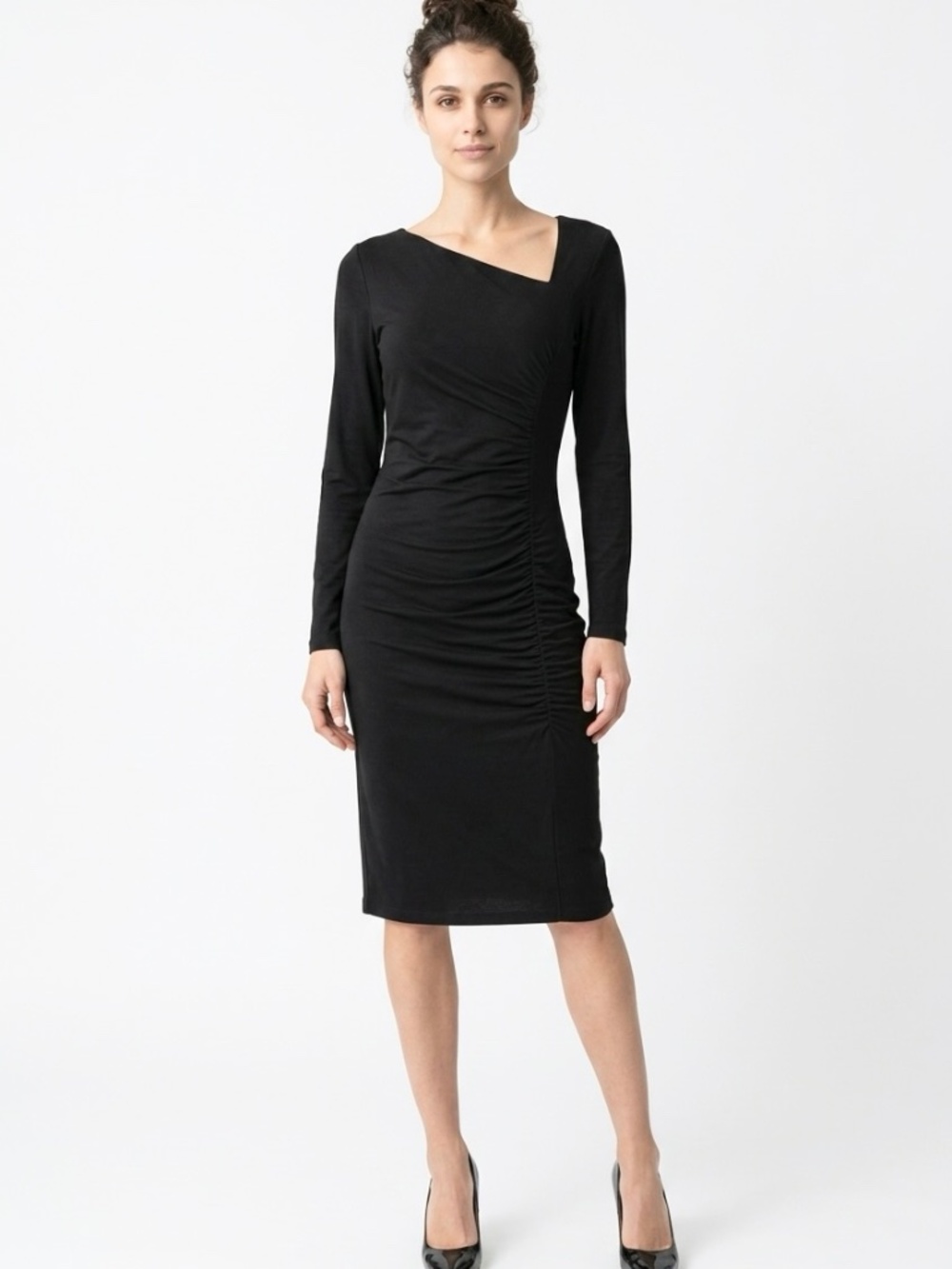 ANN TAYLOR • NWT Black Asymmetrical Ruched Sheath Dress Medium